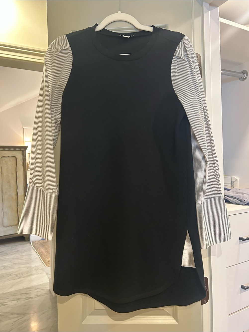 kenzie Black Mini Dress with White Pinstripe Sleeve Panels